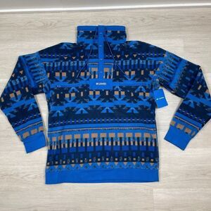 Columbia Powder Keg Fleece Pullover Jacket Mens Small Blue Aztec Southwestern